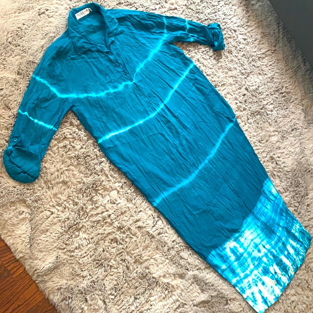 TIE DYE TEAL & WHITE SLIT MAXI DRESS